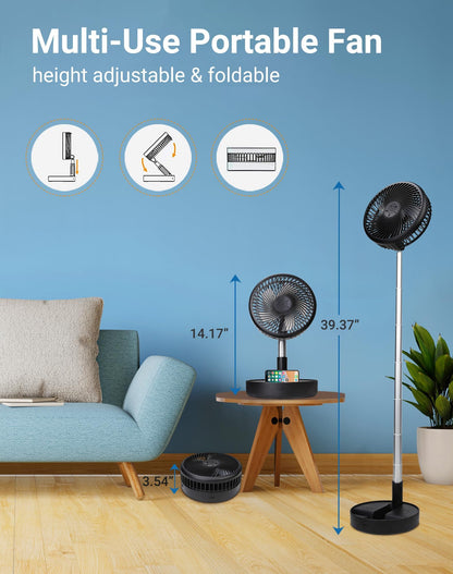 Primevolve Portable Fan,Battery Operated Rechargeable USB Fan with Remote, Foldable Floor Table Desk Pedestal Fan for Bedroom Camping Travel,Black 7.7"