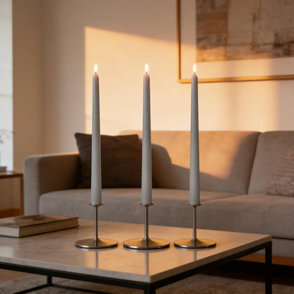 10-Inch Gray Taper Candles, 12 Pack Unscented and Dripless Candlesticks, Long-Lasting Burn Time of 7-8 Hours, Perfect for Home Décor, Weddings, and Events