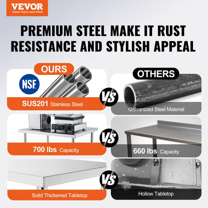 VEVOR Stainless Steel Work Table 24 x 30 x 38 Inch, with 4 Wheels, 3 Adjustable Height Levels, Heavy Duty Food Prep Worktable for Commercial Kitchen Restaurant, Silver