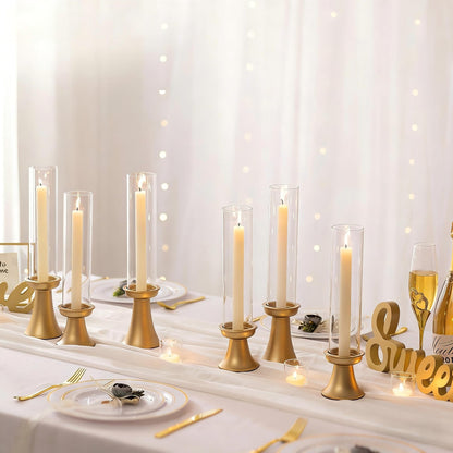 NUPTIO Gold Candlestick Holder for Centerpiece: Set of 6 Hurricane Taper Candle Holders with Glass Cylinder Sleeve - Bulk Brass Candles Stand for Thanksgiving Christmas Holiday Party Decor