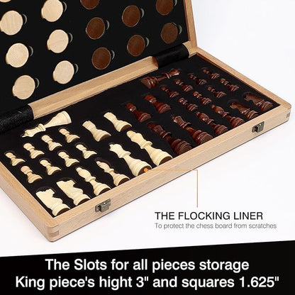 LEAP Wooden Chess and Checker Sets - 15 Walnut &amp Maple Folding Chess Board with 2 Extra Queens | Chess Board Set | Wooden Chess Sets for Adults