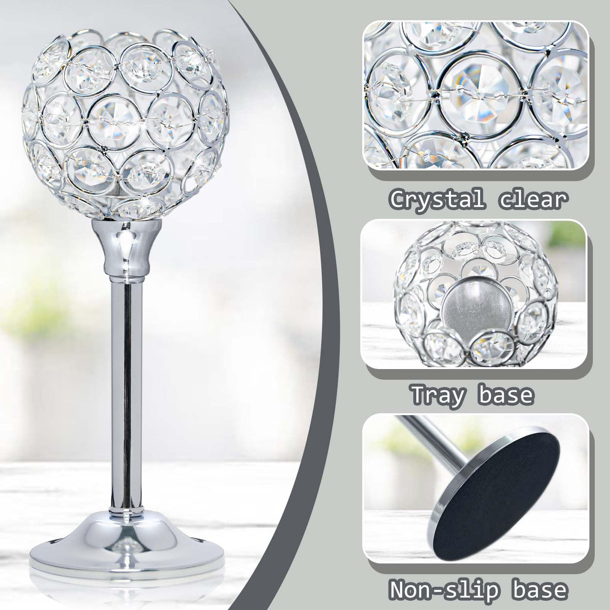 Kehail Set of 3 Silver Crystal Metal Tealight Candlestick, Bling Bowl Candelabras, Tall Votive Candle Holders Elegant Candle Centerpiece for Dining Table Wedding Decor