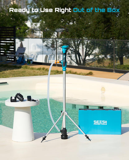 SEESII Cordless Stick Water Transfer Pump with Tripod Stand Hands-free, Portable Submersible Water Pump 720GPH & 2 x 4.0Ah Batteries, 32FT Lift for Pool Draining Boat Bilge Garden Rain Barrel Basement