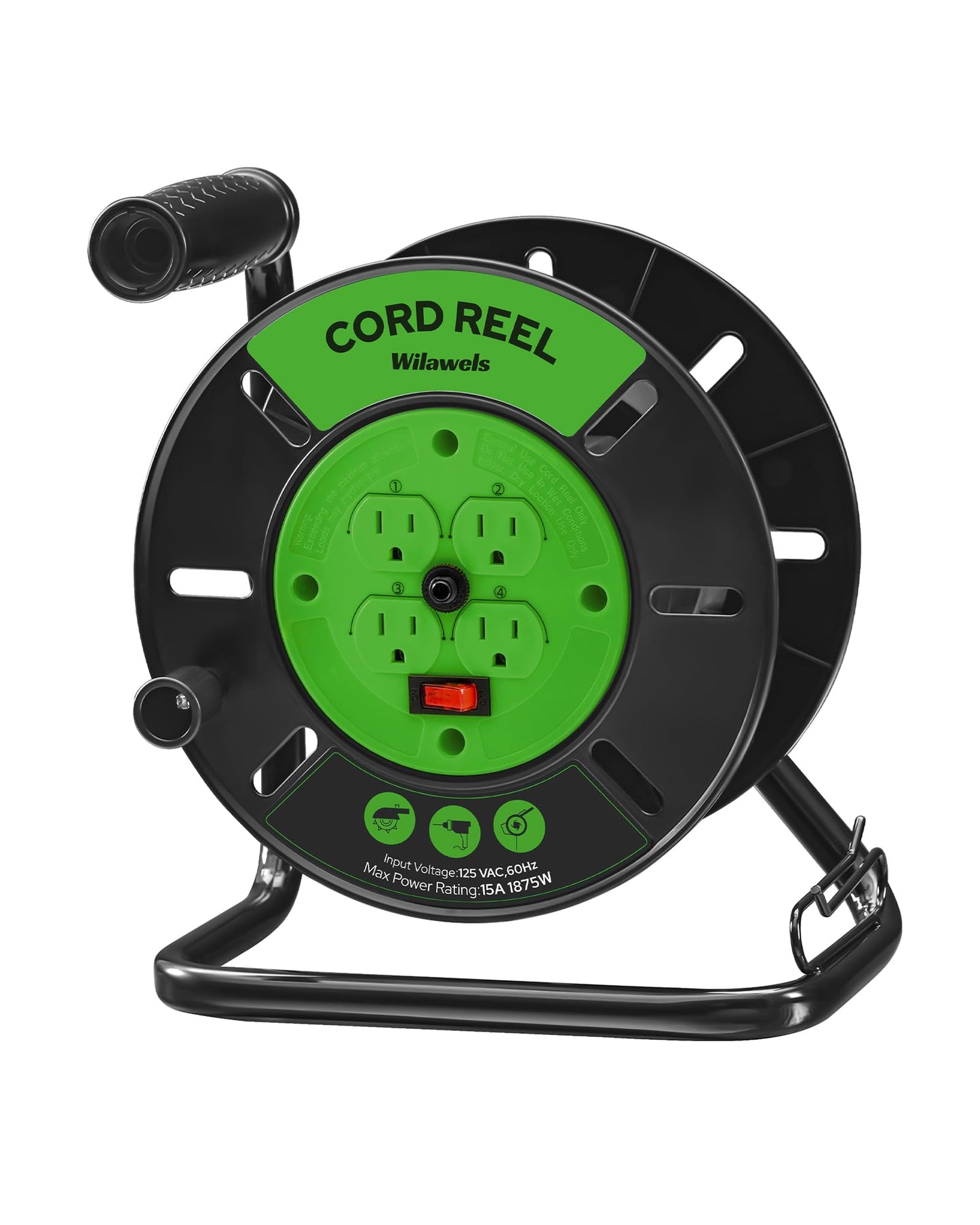 WILAWELS Extension Cord Storage Reel with 4-Grounded Outlets and 80 FT Retractable Extension Cord Reel Bundle, for Indoor Outdoor Use J95CR06-U80ACR06