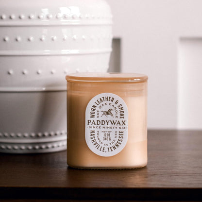 Paddywax Vista Scented Candle with Lid in Reusable Tonal Glass Jar, Clean-Burn 2-Wick Soy Candle with Approx. 84 Hour Burn Time, Decorative Gift Candles for Home, Worn Leather & Smoke, 12 oz