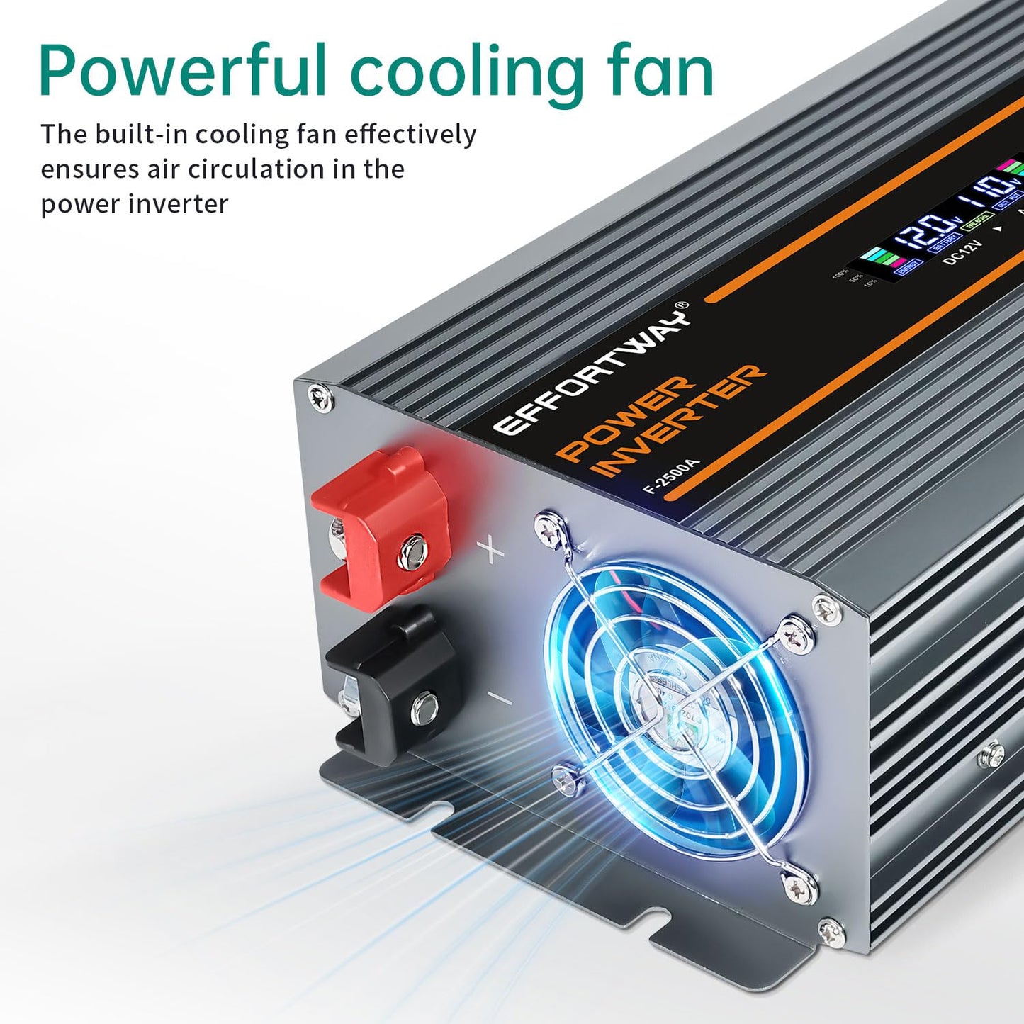 EFFORTWAY 2500W Power Inverter. 12V DC to 110V/120V AC Converter 5000W (Peak) with LCD Display, 3 AC outlets, 2 USB, 2500w Inverter for Camping RV Travel Outdoor Truck Off-Grid Solar inverters