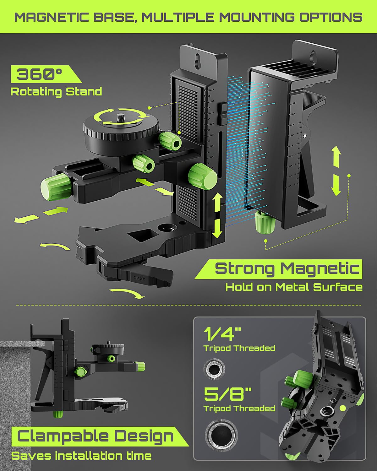LasGoo LG-3DMAX 3x360° Green Laser Level, 3D Self-Leveling Cross Line Laser with 2 Rechargeable Lithium Batteries, Fine-Tuning Bracket Adapter, Green Laser Enhancement Glasses, and Hard Carrying Case