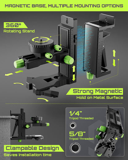 LasGoo LG-3DMAX 3x360° Green Laser Level, 3D Self-Leveling Cross Line Laser with 2 Rechargeable Lithium Batteries, Fine-Tuning Bracket Adapter, Green Laser Enhancement Glasses, and Hard Carrying Case