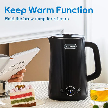 Arofeer® 1.7L(57oz) Large Electric Kettle Temperature Control, 7+Cups Electric Tea Kettle for Coffee&Tea, 2 quarts Big Hot Water Kettle Electric with,1200W,Keep Warm-Black