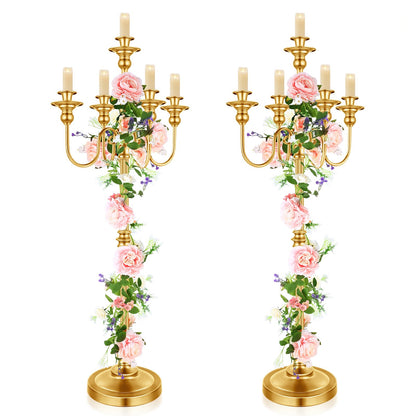 2 Pcs Gold Wedding Floor Candelabra 50 Inch Antique Led Candle Stand Metal 5 Arm Candelabra Centerpiece Decoration for 5 Candlesticks Bridal Shower Christmas Aisle Event Birthday Party Ceremony Home