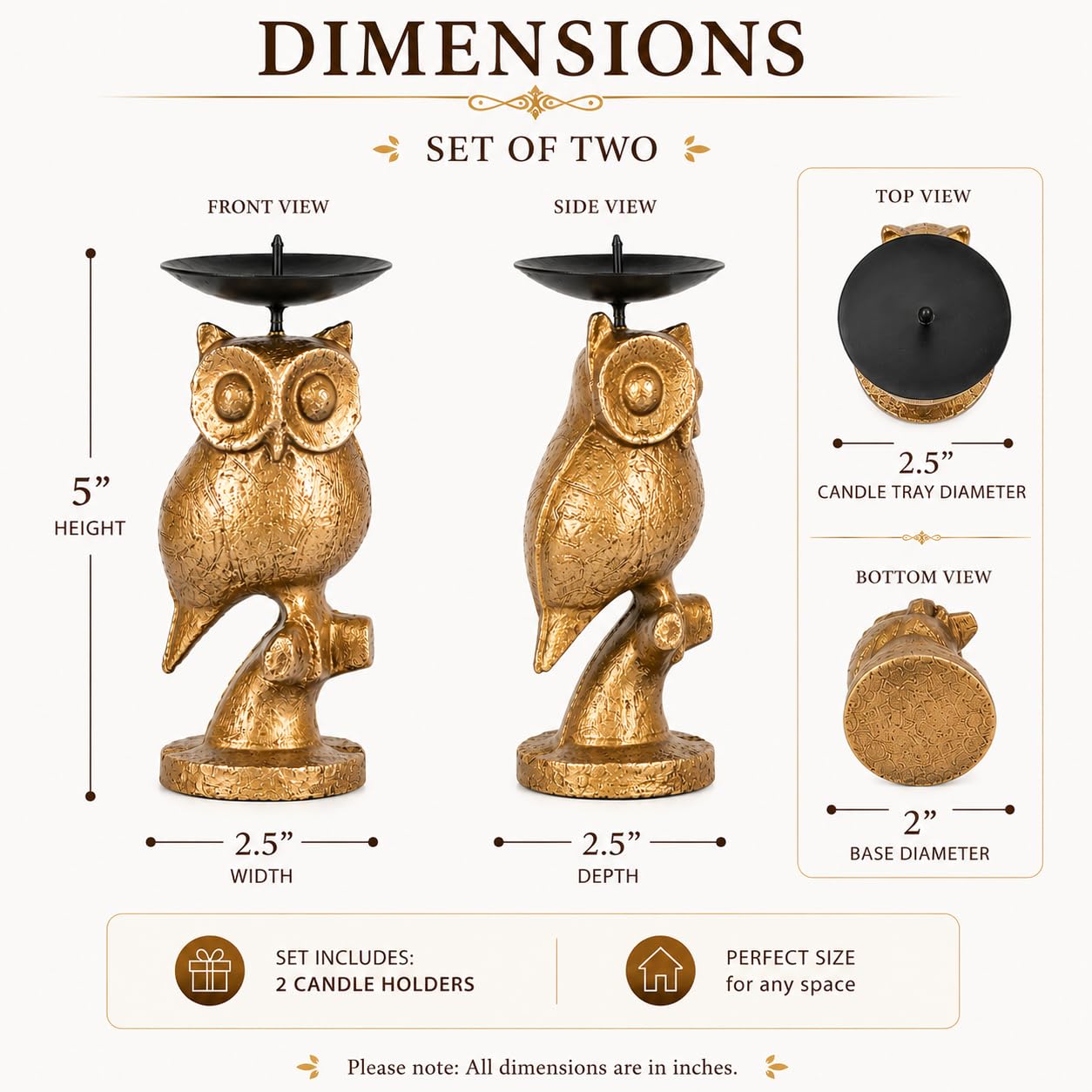 Gold Owl Candle Holder Set of 2 – Decorative Taper & Small Pillar Candlestick Holders for Dining Table, Living Room & Home Décor