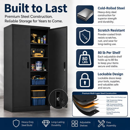 GarveeHome 71in Heavy-Duty Locking Steel Storage Cabinet, Double Doors, Four Adjustable Shelves, for Garage Pantry Office Workshop, Black