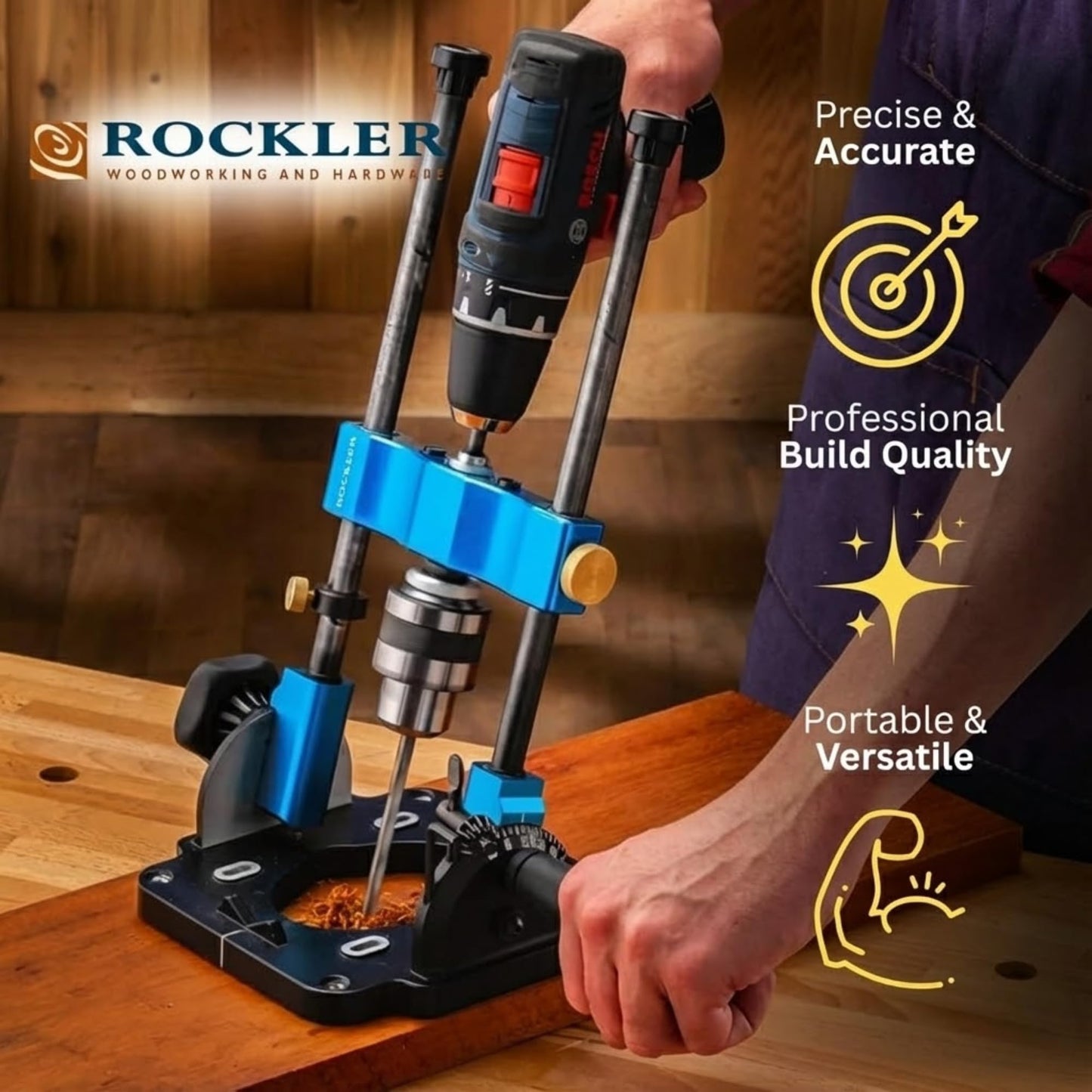 Rockler Drill Guide | Portable Drill Press Adapter for Hand Drill - 0 to 60 Angle w/Protractor & Chuck Key for straight holes - Rockler Woodworking