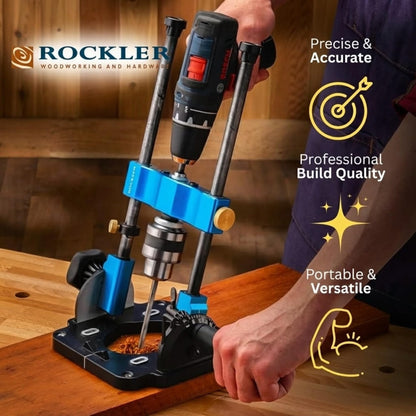 Rockler Drill Guide | Portable Drill Press Adapter for Hand Drill - 0 to 60 Angle w/Protractor & Chuck Key for straight holes - Rockler Woodworking