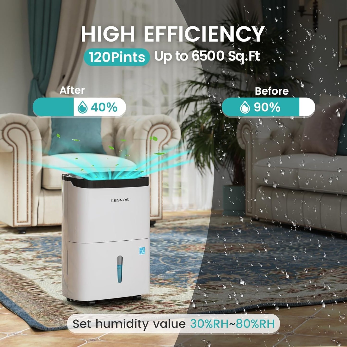 Kesnos 120 Pints 2025 Energy Star Dehumidifier for Home & Basement with Drain Hose, Ideal for Large Spaces up to 6,500 Sq. Ft., Featuring Auto Defrost & Self-Drying Function