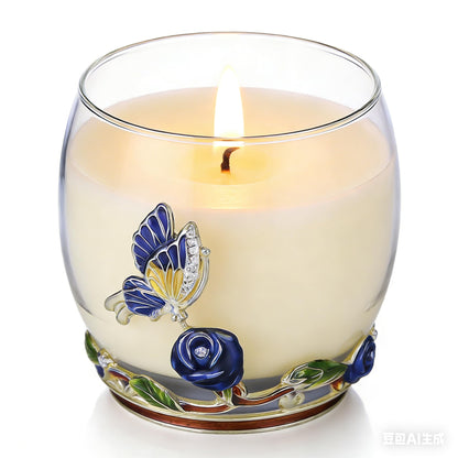 Scented Candles Gifts for Women - Enamel Butterfly & Blue Rose Decorative Glass Jar with Faceted Crystal Lid, Special Candle for Friend Mom Sister Friend, Unique Birthday Mother's Day Christmas Gift