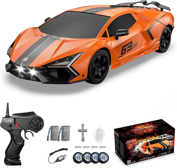 RC Drift Car Drifting RC Car 2.4GHz 1:16 Remote Control Cars 4WD High Speed Racing Vehicle with LED Lights Two Batteries and Drifting Tires Sport Toy Cars for Adults Boys Girls Kids Orange