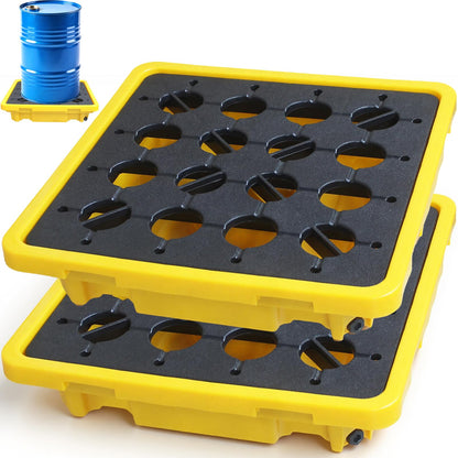 Spill Containment Tray with Drain, Anti-Leak Plastic Oil Tank Spill-Proof Pallet, Industrial Oil Drum Modular Platform,26.4 x 26.4 x 5.9in,1 Drum,2 Pcs