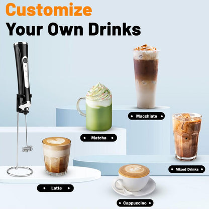TonJin Milk Frother USB C Rechargeable New Upgraded Handheld Frother Wand with 2 304 Stainless Whisks 1 Stand, 3 Speeds Electric Coffee Whisk Frother for Lattes, Cappuccino, Egg, Matcha, Black