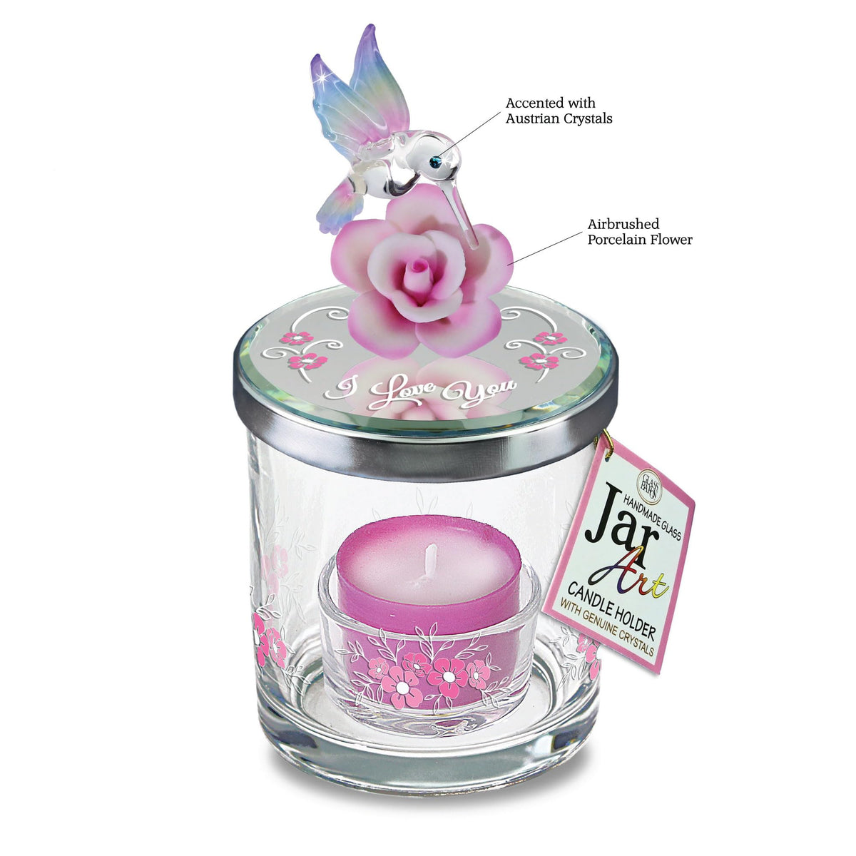 Glass Baron Candle Holder Jar, Blown Glass Hummingbird Lid with Airbrushed Porcelain Flower & Austrian Crystal Accents, 5.5 x 3 inches
