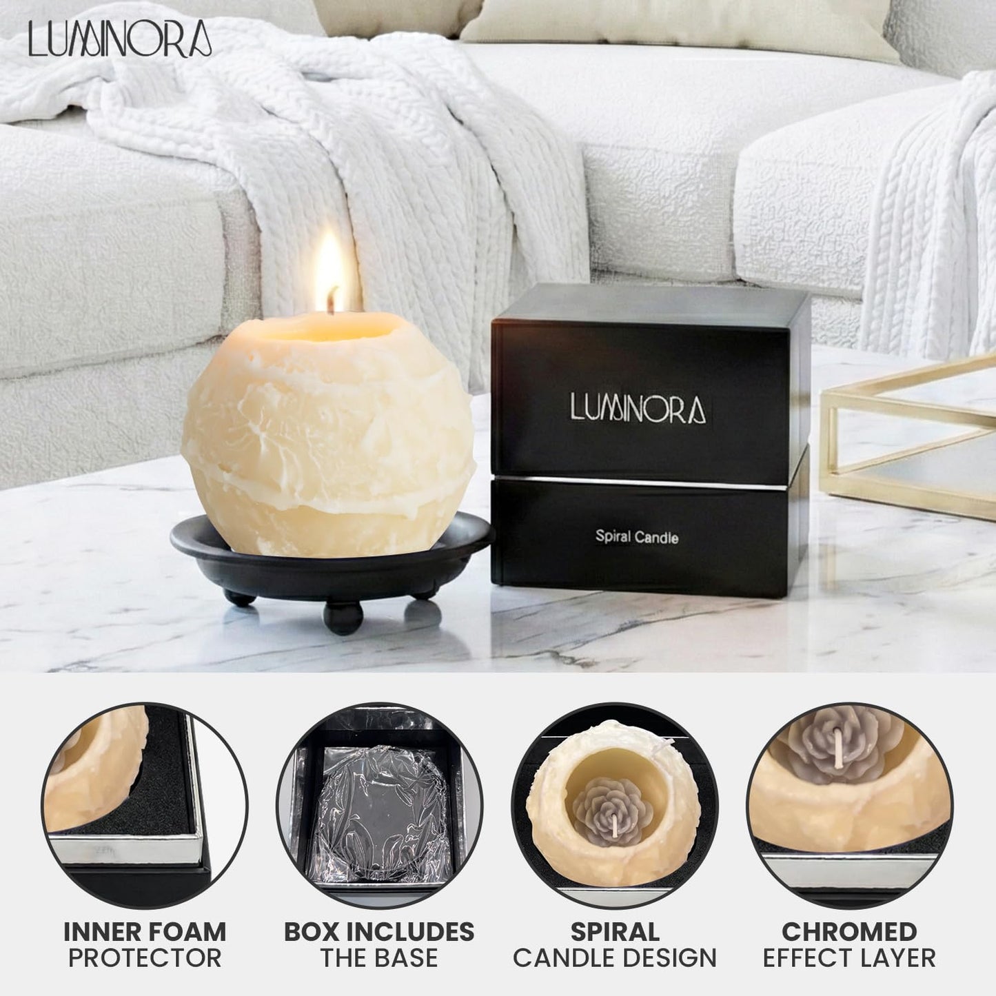 Spiral Candle with Hollow Round Design, Sculptural Wax Decor Gift, Unique Wick Flame Path, Modern Accent Piece for Shelf, Table, Mantel, and Entryway Display Set (Yellow, Vanilla Scented) - LUMINORA