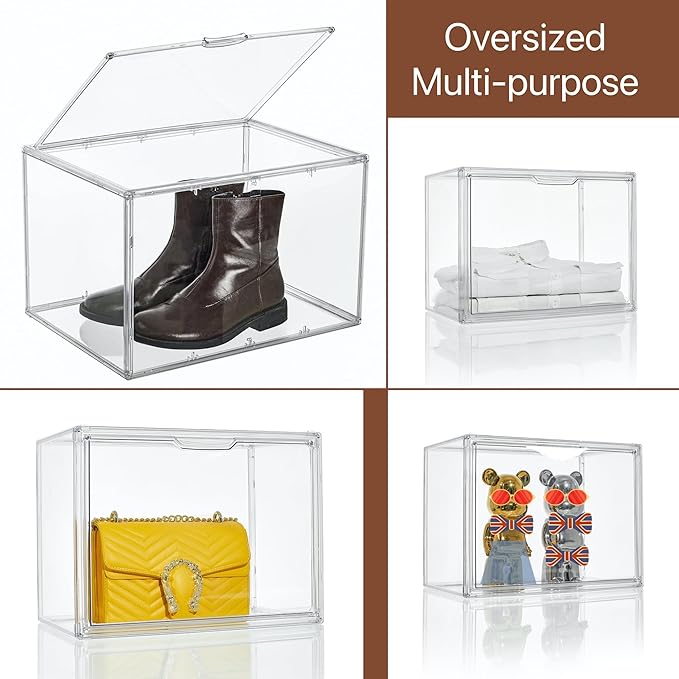 XXX-Large Clear Acrylic Display Case Boot Shoe Storage Boxes With An Adjustable Divider2 Pack 2 Tiers Clear Plastic Stackable Storage Bins With Lids Big Display Acrylic Box With Magnetic Door