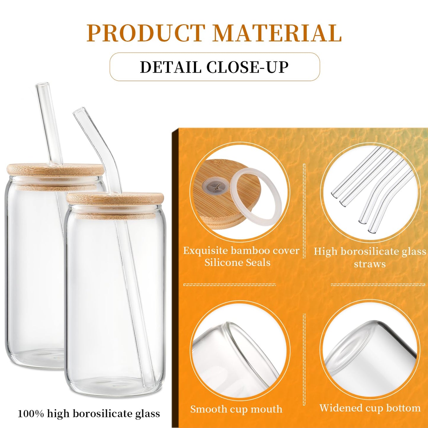 DWTS DANWEITESI Glass Cups with Lids and Straws 4 pcs,16oz Drinking Glasses Set for Coffee Bar Accessories Iced Coffee Cups with Lids,Glass Tumbler Reusable for Gifts