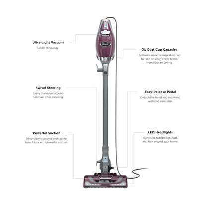 Shark HV322 Rocket Pet Plus Corded Stick Vacuum with LED Headlights, XL Dust Cup, Lightweight, Perfect for Pet Hair Pickup, Converts to a Hand Vacuum, with (2) Pet Attachments, Bordeaux/Silver