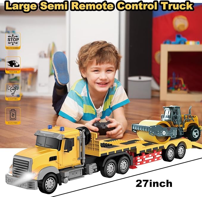 Remote Control Semi Truck with Trailer -24 Inch RC Semi-Trailer Engineering Tractor with Road Roller Toys1:24 Truck with LED Lights &amp Music Great Gift for Boys Girls