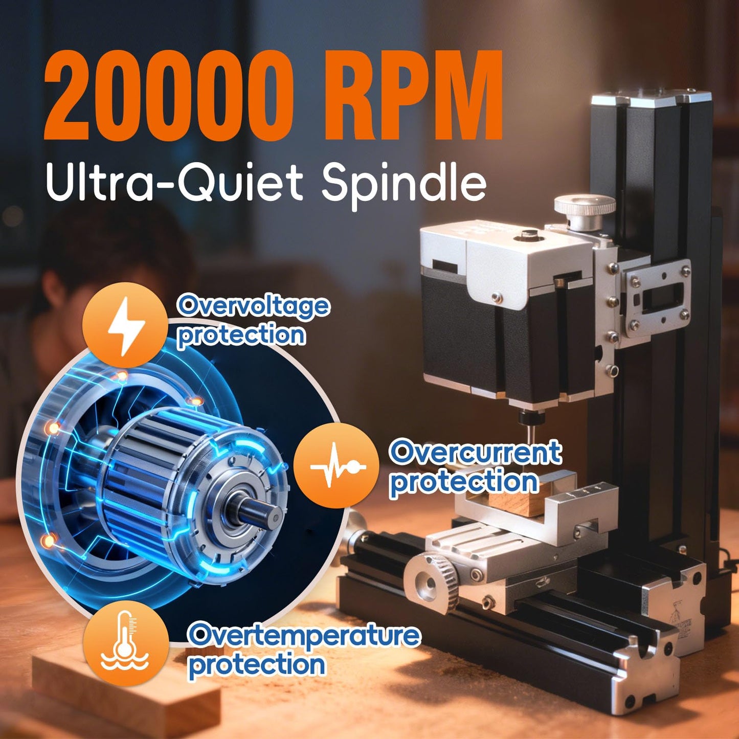AcmeFlare Mini Milling Machine, Electroplated Metal 36W 20000rpm 3-Axis 0.02mm Precision DIY Vertical Mill for Metal Wood Plastic Machining