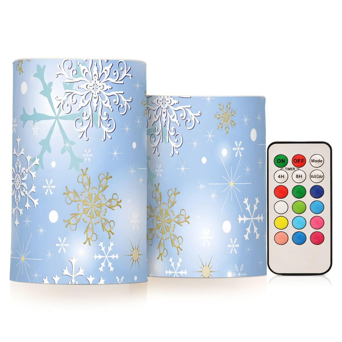 Christmas Lights Decorations Flameless Candles Christmas Silver Snowflake Pillar Candles Set of 2 Battery Operated Remote Control Warm Lights