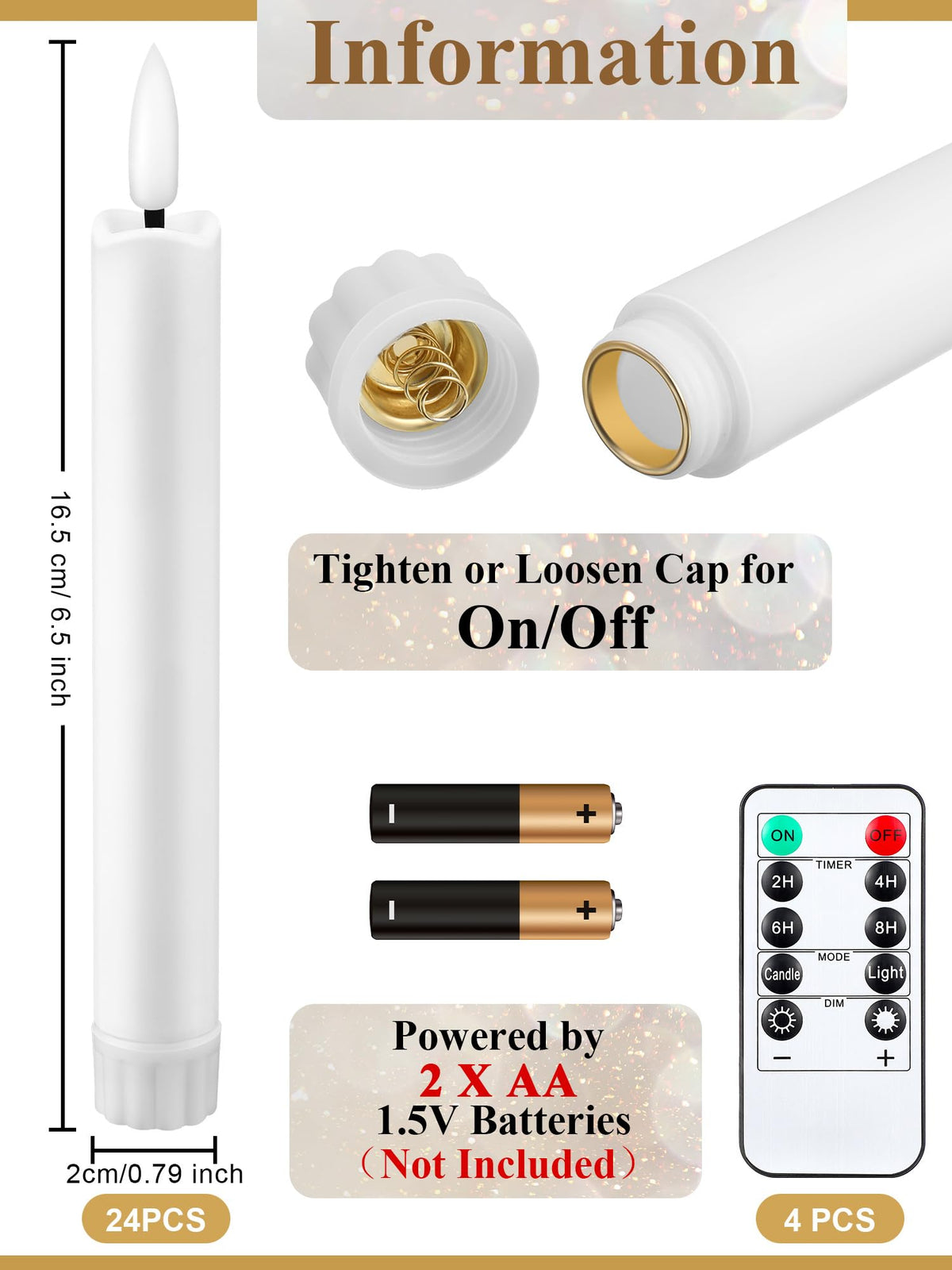 Funtery 24 Pieces 6.5" Flameless LED Taper Candles with Remote Timer Battery Operated Candles Bulk Short LED Candlestick Flickering for Graduation Father's Day Wedding Party Decor(White,Elegant Style)