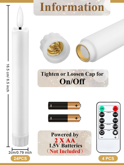 Funtery 24 Pieces 6.5" Flameless LED Taper Candles with Remote Timer Battery Operated Candles Bulk Short LED Candlestick Flickering for Graduation Father's Day Wedding Party Decor(White,Elegant Style)