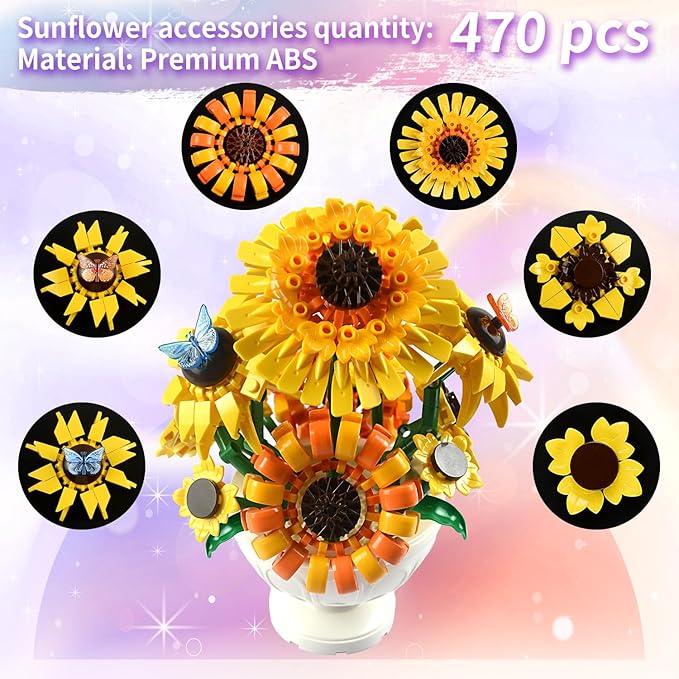 Sunflower Building Blocks for Adults 2-in-1 Botanical Flower Bouquet with Vase Van Gogh Inspired Sunflower Brick Set Decorative Flower Building Kit for Home Decor