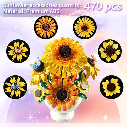 Sunflower Building Blocks for Adults 2-in-1 Botanical Flower Bouquet with Vase Van Gogh Inspired Sunflower Brick Set Decorative Flower Building Kit for Home Decor