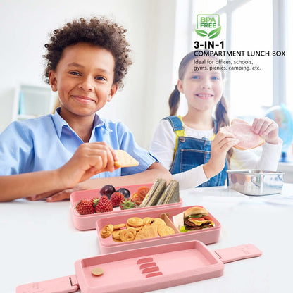 Meltset M Bento Box Japanese Lunch Box Kit Leakproof Bento Lunch Box for Kids Adults Wheat Straw 3 Layer Stackable Lunch Containers with Compartment Eco-Friendly Meal Prep Containers (Pink)
