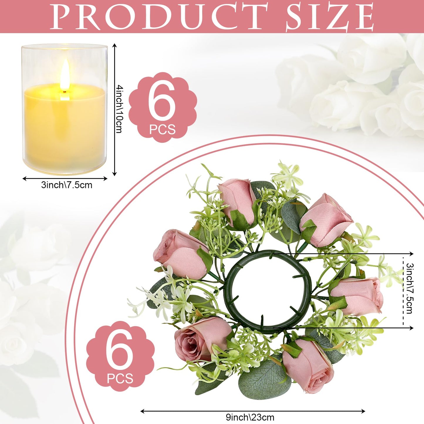 Tobilu 12 PCS Roses Candle Rings Wreaths - 3 Inch Artificial Floral Rings with LED Flameless Candles Eucalyptus Leaves for Spring Banquet Table Centerpieces Home Wedding Party, Dusty Pink