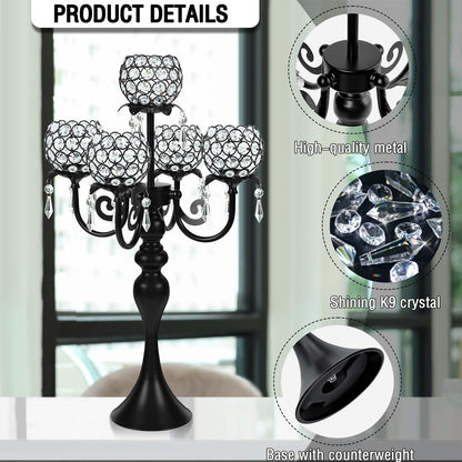kolnlala 22.5 Inch Black 5-Arm Tea Light Crystal Candle Holder/Candlestick, Exquisite and Gorgeous Crystal Candelabra Table Centerpiece for Wedding/Holiday Events, Parties & Home Decor