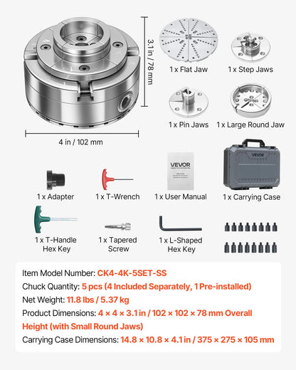 VEVOR 4 Inch Wood Lathe Chuck, 4-Jaw, Self-Centering Wood Turning Chuck Set with 1" x 8TPI Thread & Adapter, 5 PCS Jaws Round/Flat/Step/Pin, Carry Case, Nickel-Plated Finish, for Woodworking Lathe