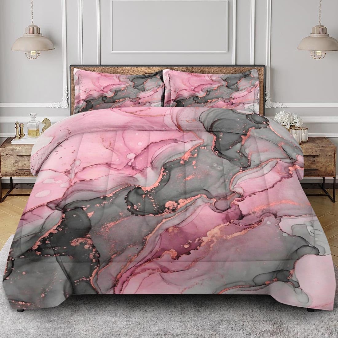 Nesphy Gray Pink Marble Comforter Set Queen Size, Natural Luxury Golden Abstract Soft Bedding Set with 2 Pillowcases for Adults Bedroom Bed Decor