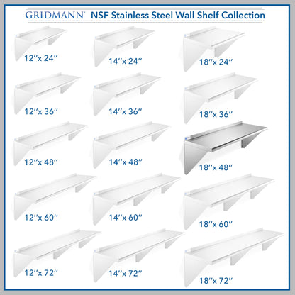 GRIDMANN 18" x 48" Stainless Steel Wall Mount Shelf with Backsplash, Commercial Grade - NSF Certified 18 Gauge Shelving for Restaurant, Kitchen, Utility Room, Garage