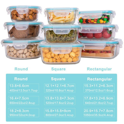 AILTEC Glass Food Storage Containers with Lids, [18 Piece] Glass Meal Prep Containers, Containers for Food Storage with Lids, BPA Free & Leak Proof (9 Lid & 9 Container)