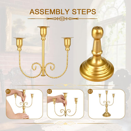 UCEHIPAW 8 Pcs Gold Candelabra 12 Inch 3 Arm Metal Candle Stand Wedding Candlestick Holder for Table Centerpieces Wedding Birthday Holiday Theme Party