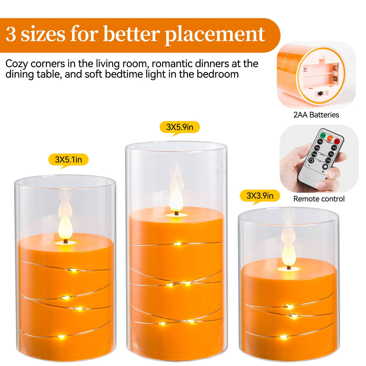 Da by Flickering Flameless Candles with Remote,Acrylic LED Candles with Embedded Star String,Battery Operated Candle, for Home and Holiday Decoration Set of 3（Orange） (Pack of 2)
