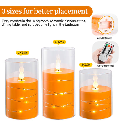 Da by Flickering Flameless Candles with Remote,Acrylic LED Candles with Embedded Star String,Battery Operated Candle, for Home and Holiday Decoration Set of 3（Orange） (Pack of 2)