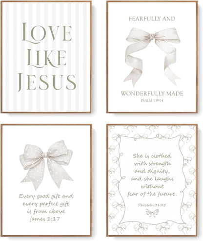 LARTSFRO Coquette Beige Bow Wall Art - Inspirational Christian Decor for Bedroom & Bathroom | Set of 4 Unframed 10x8 Inch Prints