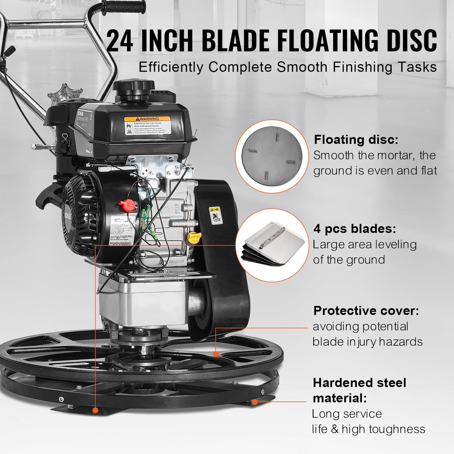 VEVOR Power Trowel 24 inch, 6HP Gas-Powered Smooth Concrete with Float Pan, Heavy Duty Commercial Screed Concrete Cement with Finishing Blade