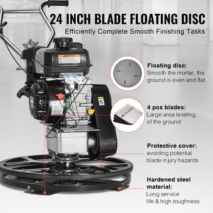 VEVOR Power Trowel 24 inch, 6HP Gas-Powered Smooth Concrete with Float Pan, Heavy Duty Commercial Screed Concrete Cement with Finishing Blade