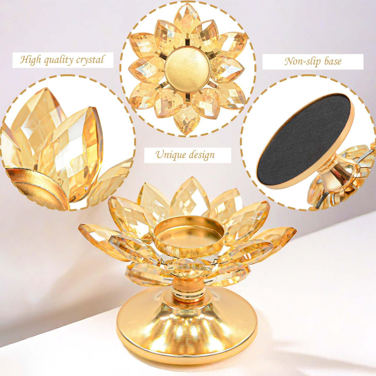 2 PCS Gold Crystal Flower Tea Light Holder, Glass Tealight Candlestick with Metal Base, Votive Candle for Table Centerpiece, Wedding/Parties Decor, Nice Gift