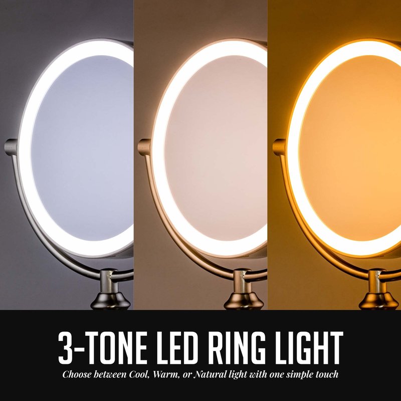 OVENTE 8" Lighted Tabletop Makeup Mirror with 1X/10X Magnification, Double Sided Vanity Mirror, 360° Swivel Design, 3-Tone Smart Touch Glow LED Lights with Auto Shut Off, Nickel Brushed MPT751BR1X10X
